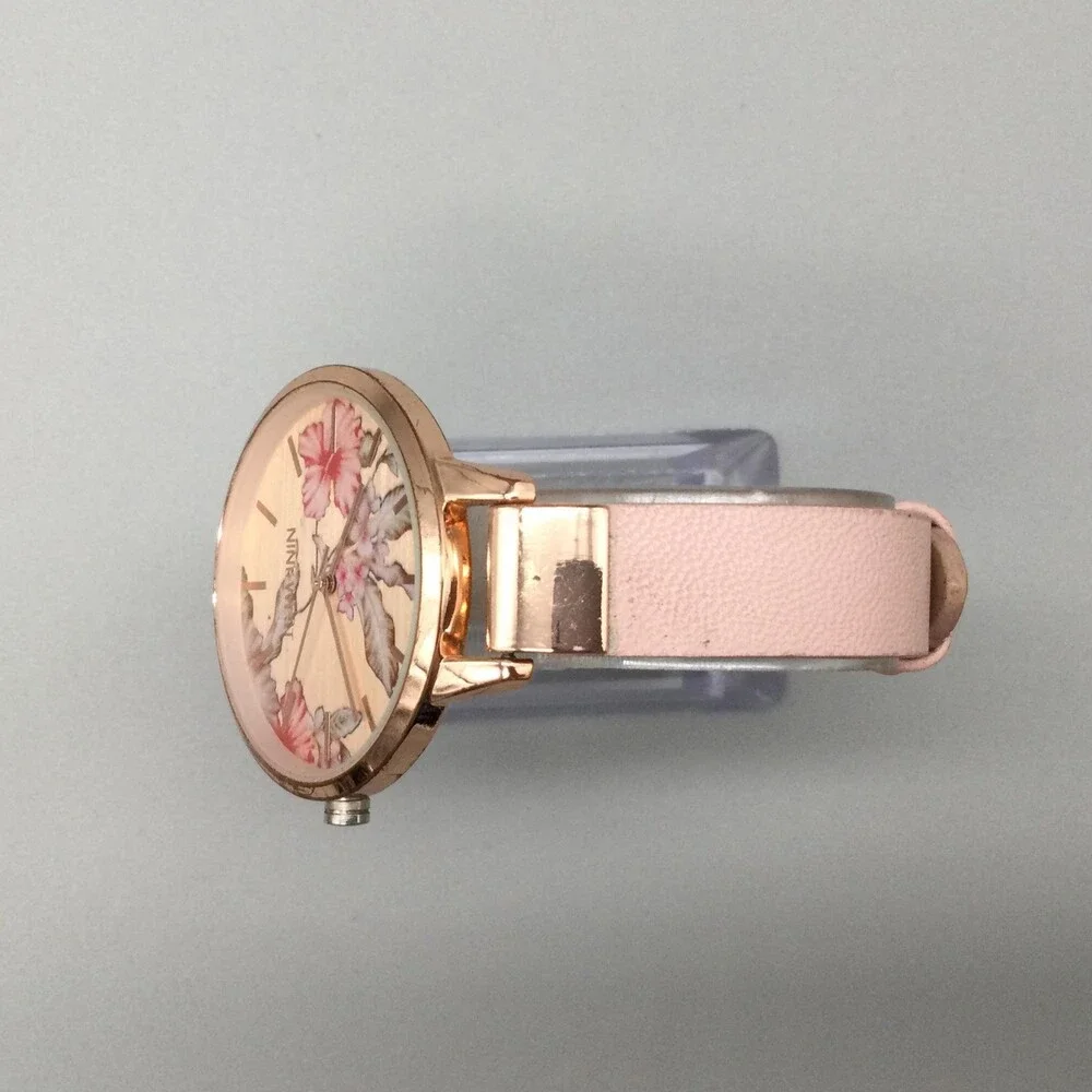 Nine West Womens Watch 38mm Floral Rose Gold Pink Leather NW/2044 New Battery